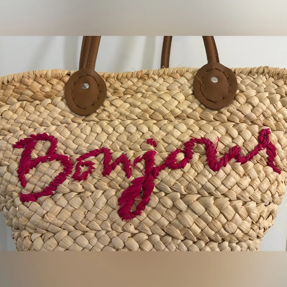 Womens Bonjour Handwoven Straw Tote Handbag Summer Beach Bag with Handles - Picture 3 of 5